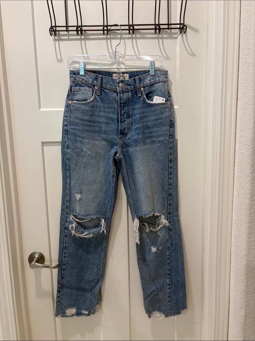 Free People Vintage Medium Blue Distressed Straight-Leg Jeans